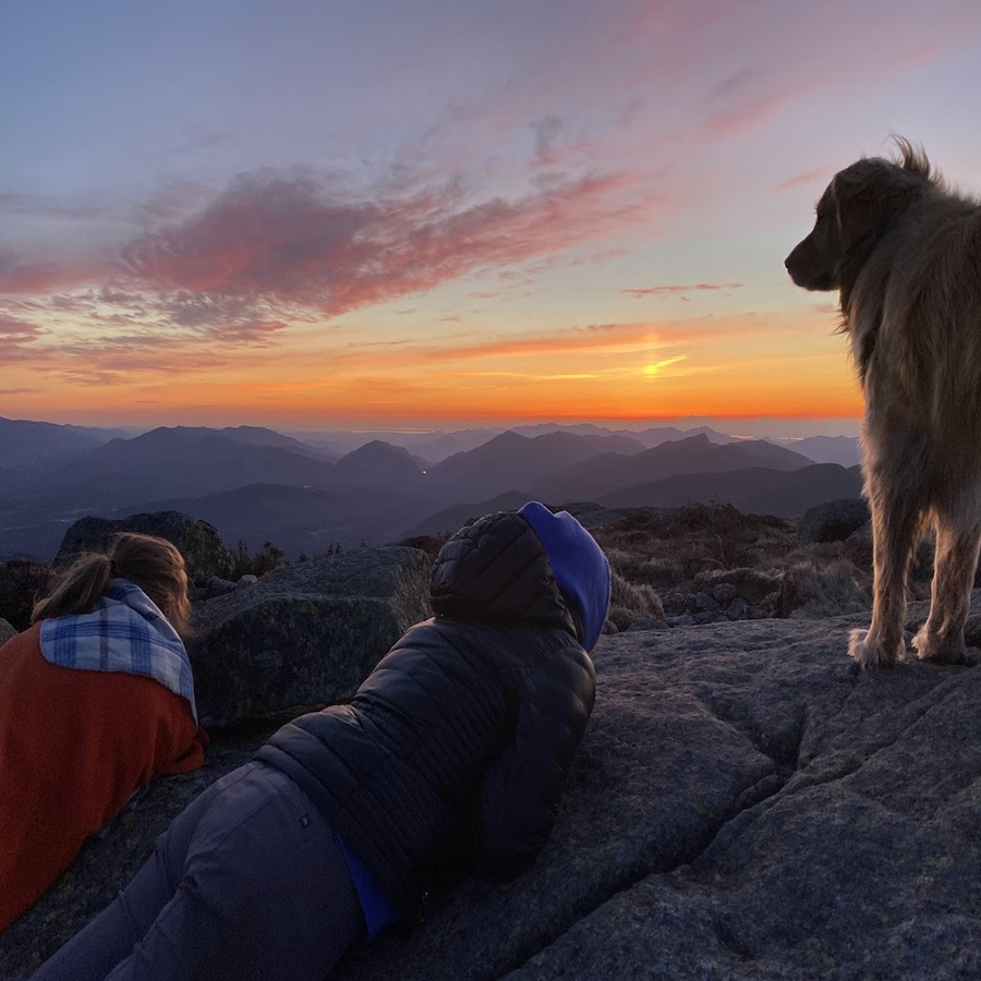 two people laying on a rock looking out at a sunset with a dog standing over them