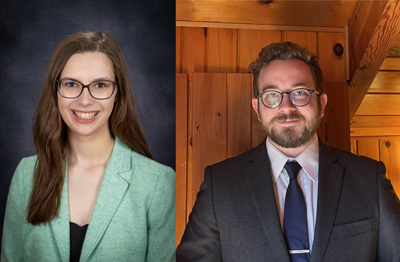 Side-by-side chest-up portraits of Allyson Wieser (in green jacket and black shirt) and Ryan Yellott (in grey suitcoat, grey shirt and blue tie)