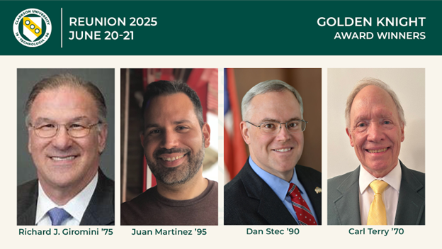 Four headshots of alumni who were awarded Clarkson's Golden Knight award, in Clarkson branded banner