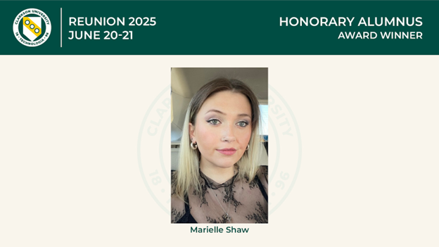 Headshot of Marielle Shaw as Honorary Alumna awardee, with Clarkson branded banner