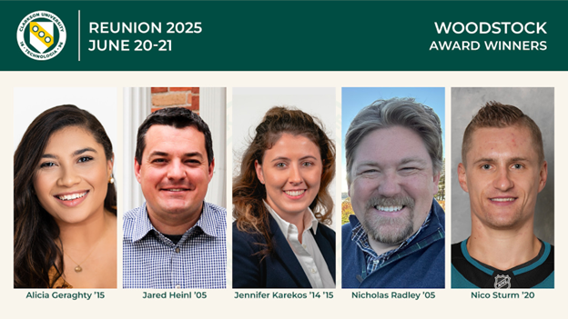 Headshots of five awardees of the Woodstock Award with a Clarkson branded banner