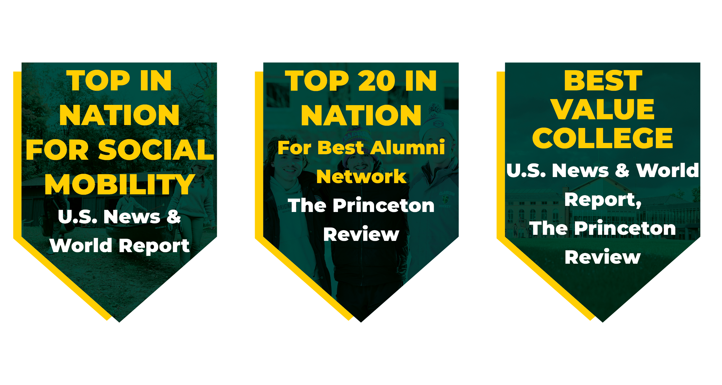 LEFT CARD: Top in nation for social mobility. MIDDLE CARD: Top 20 in nation, for best alumni network, quoting the Princeton review. RIGHT CARD: Best Value College, quoting the U.S. News and world report, the Princeton review.
