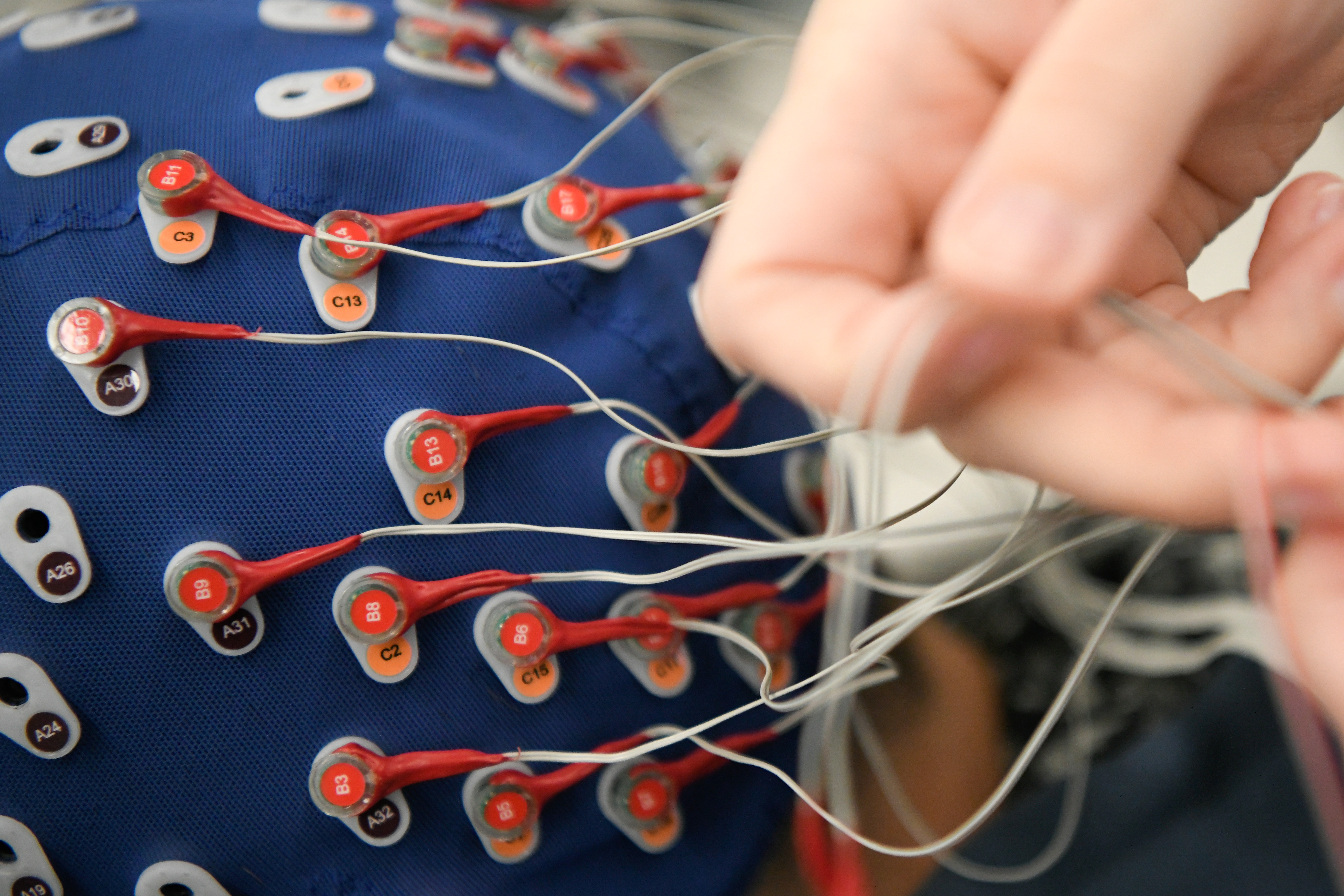 Close-up of a person wearing a blue electrode cap fitted with multiple red sensors and wires during a psychology lab experiment.